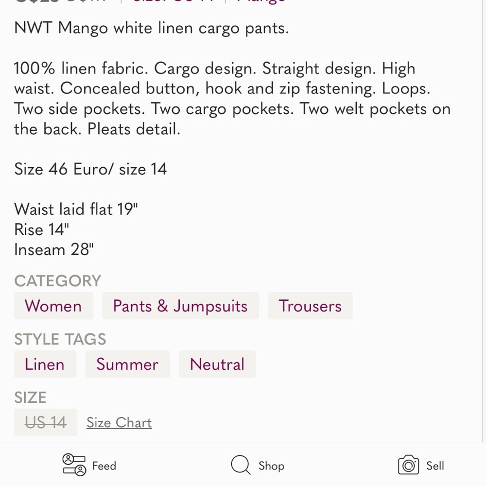 NWT Mango White Linen Straight Leg High Waist Cargo Pants Size 14 - Picture 14 of 14